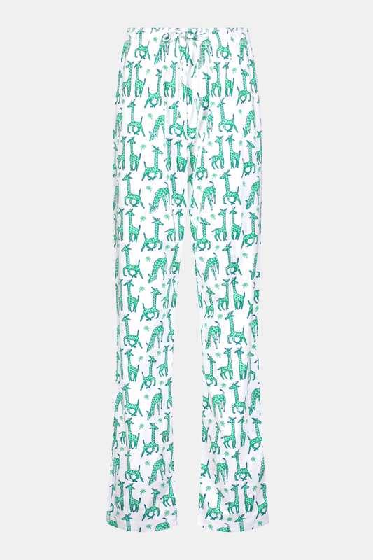 The Roller Rabbit Mens Gigi Giraffe Simon Pant features a playful green and blue giraffe print on white 100 Pima Cotton, with a comfy pull-on style, shown on a plain background.