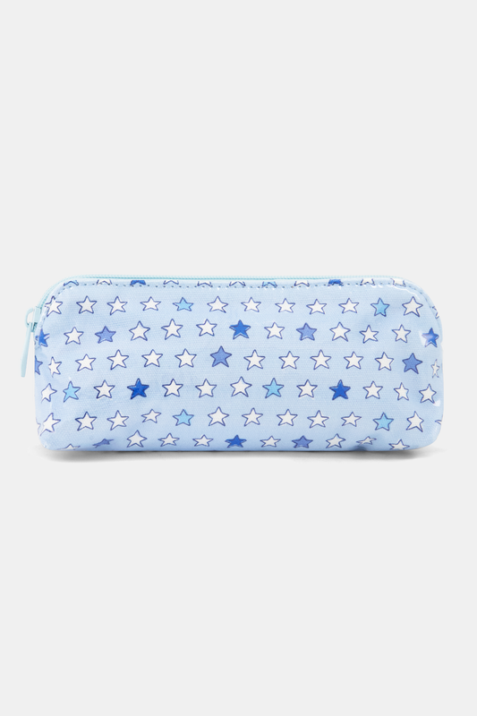 The Pop Stars Makeup Bag is a light blue, rectangular, water-resistant cotton canvas pouch with a zipper, decorated with small blue and white stars.
