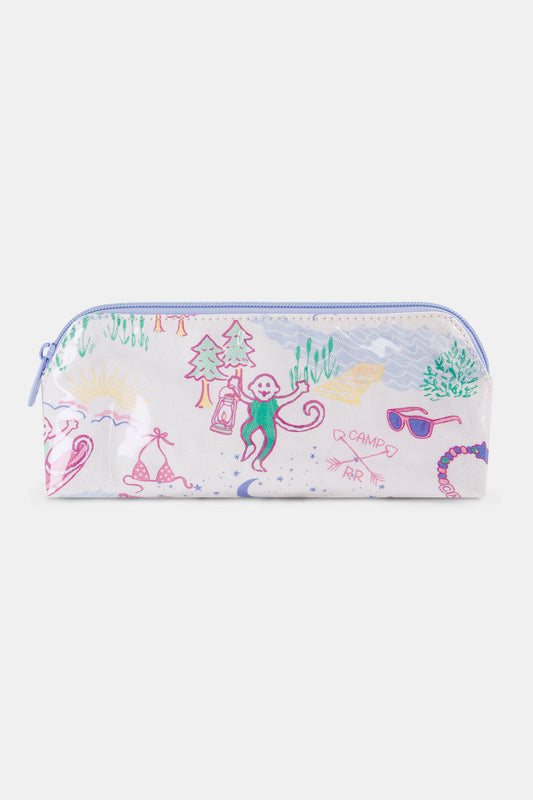 The Camp RR Makeup Bag by Roller Rabbit is a white, water-resistant cotton canvas pouch with purple trim, decorated with playful, hand-drawn images of a monkey with a lantern, trees, sunglasses, a tent, and mountains.