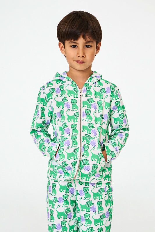A young child wears the Roller Rabbit Kids Leo The Lion Harley Hoodie, a green and purple French terry zip-up with matching pants, featuring a Leo the Lion print, posing with hands in pockets against a plain white background.