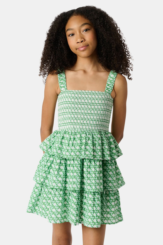 A young girl with curly hair wears the Roller Rabbit Kids Cane Kenia Dress, a green and white patterned cotton tiered dress with wide straps, standing against a plain light background.
