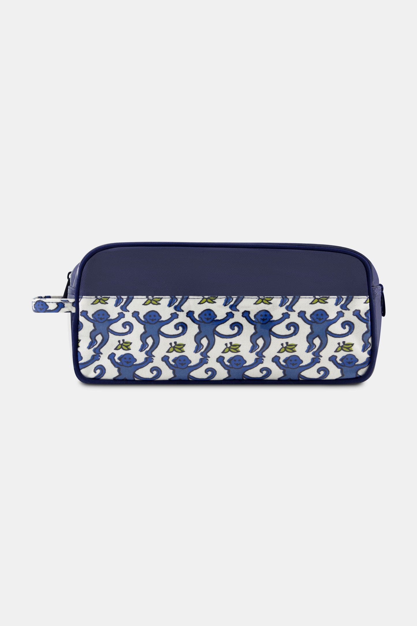 The Roller Rabbit Mens Monkey Dopp Kit is a rectangular blue toiletry bag with playful blue monkeys on a white front pocket, water-resistant material, zipper closure, and a side handle for easy carrying.