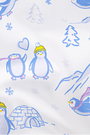 The Penguin Party Long Sleeve Polo Pajamas feature cozy Pima cotton with cartoon penguins in yellow hats and scarves, snowflakes, pine trees, an igloo, and hearts on a blue and yellow print over a white background.