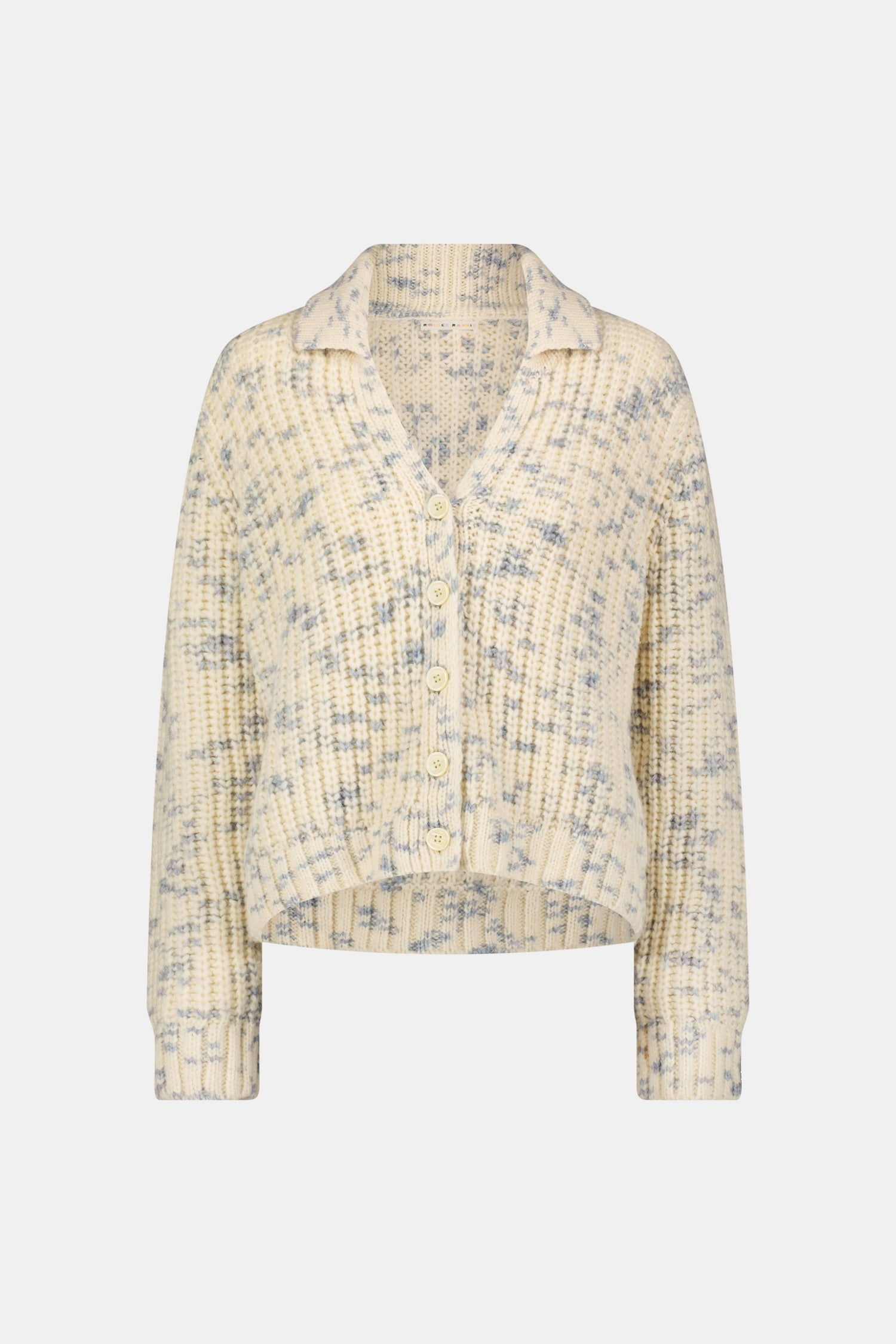 The Space Dye Dhalia Cardigan is a cream, button-up baby alpaca cardigan with a blue speckled pattern, long sleeves, and a collar, shown on a plain white background.