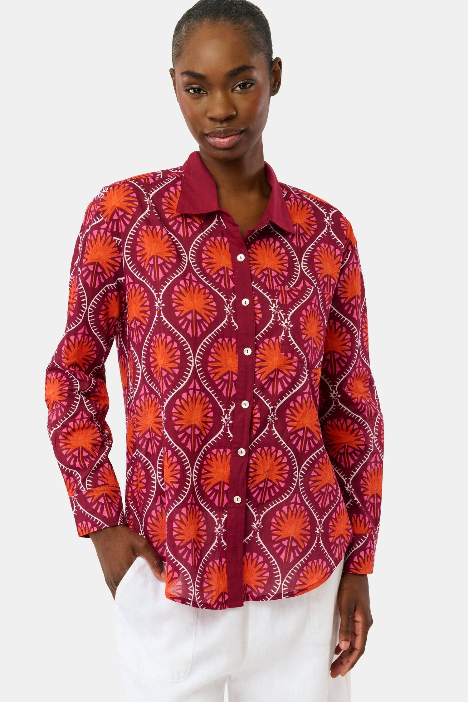 Roller Rabbit Burgundy Palm Fronds Boyfriend Shirt