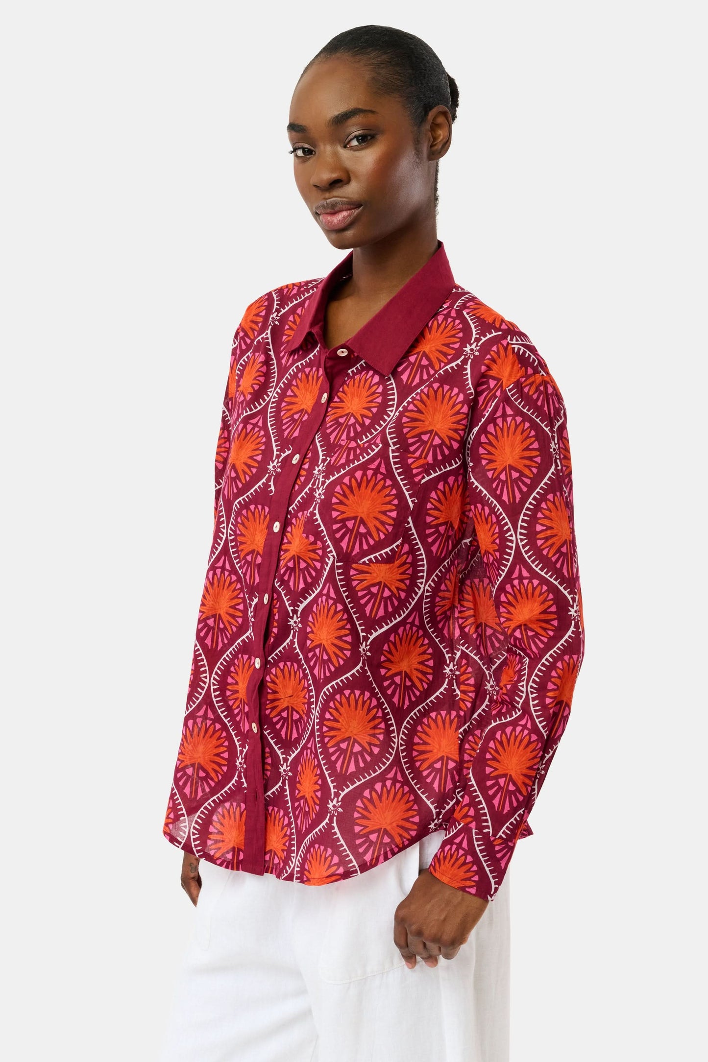Roller Rabbit Burgundy Palm Fronds Boyfriend Shirt