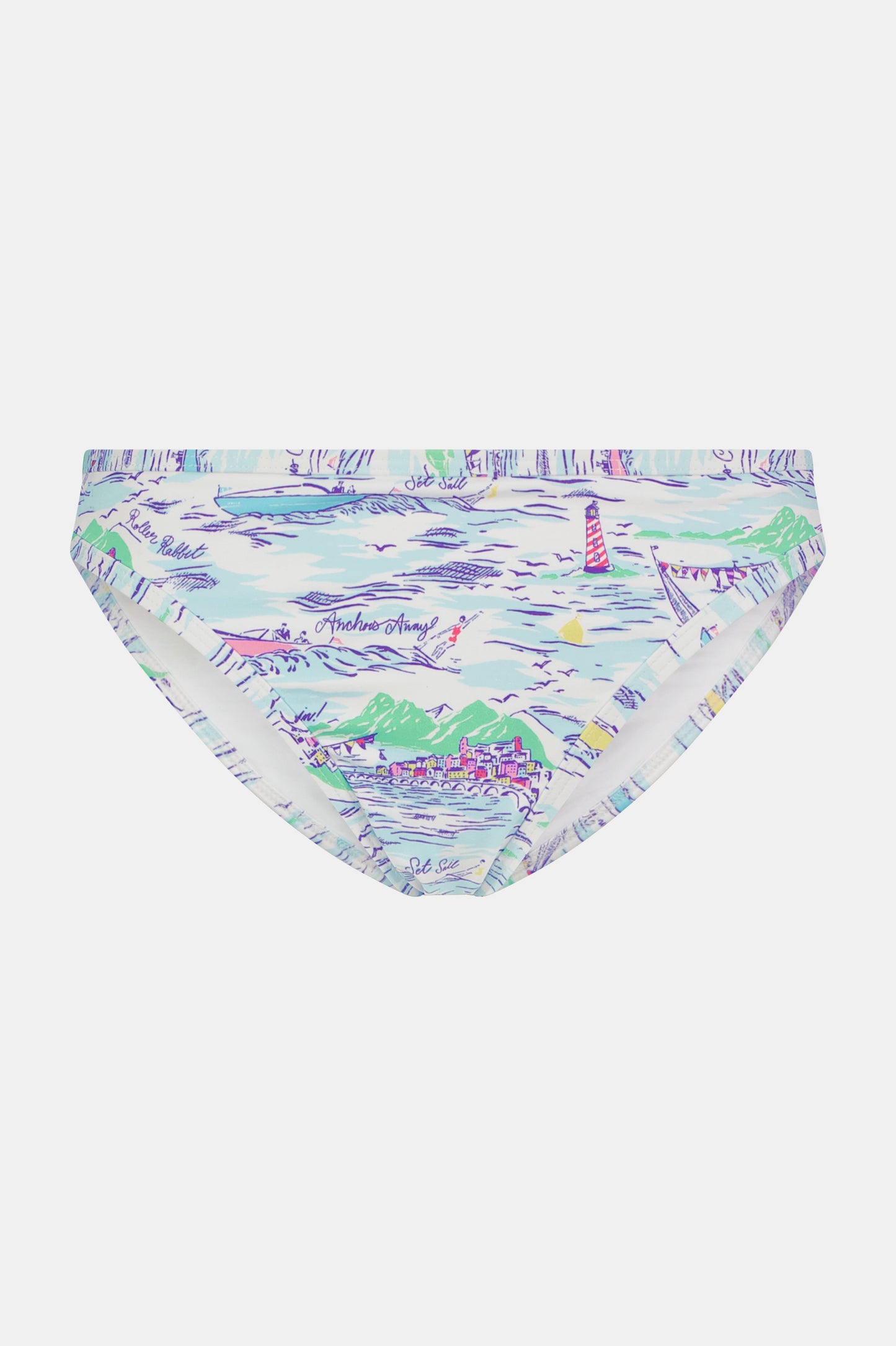 A person wears the Roller Rabbit Regatta Marais Bikini Bottom, featuring a colorful nautical print with boats and lighthouses. The UPF 50+ swimwear offers sun protection. Image is cropped from chest to upper thighs.
