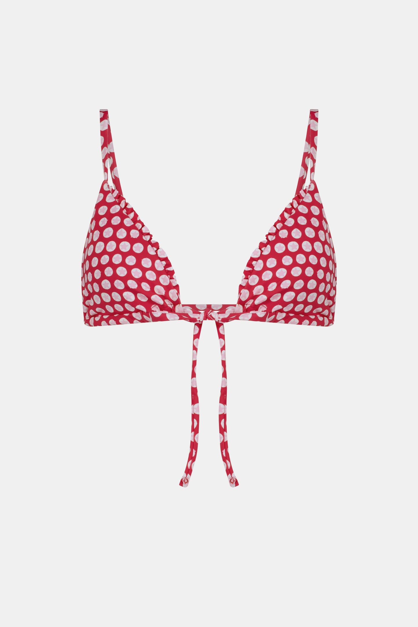 A woman wears the Roller Rabbit Starry Dot Isa Bikini Top, a red triangle bikini with white polka dots and a front tie, shown from shoulders to waist against a plain background.