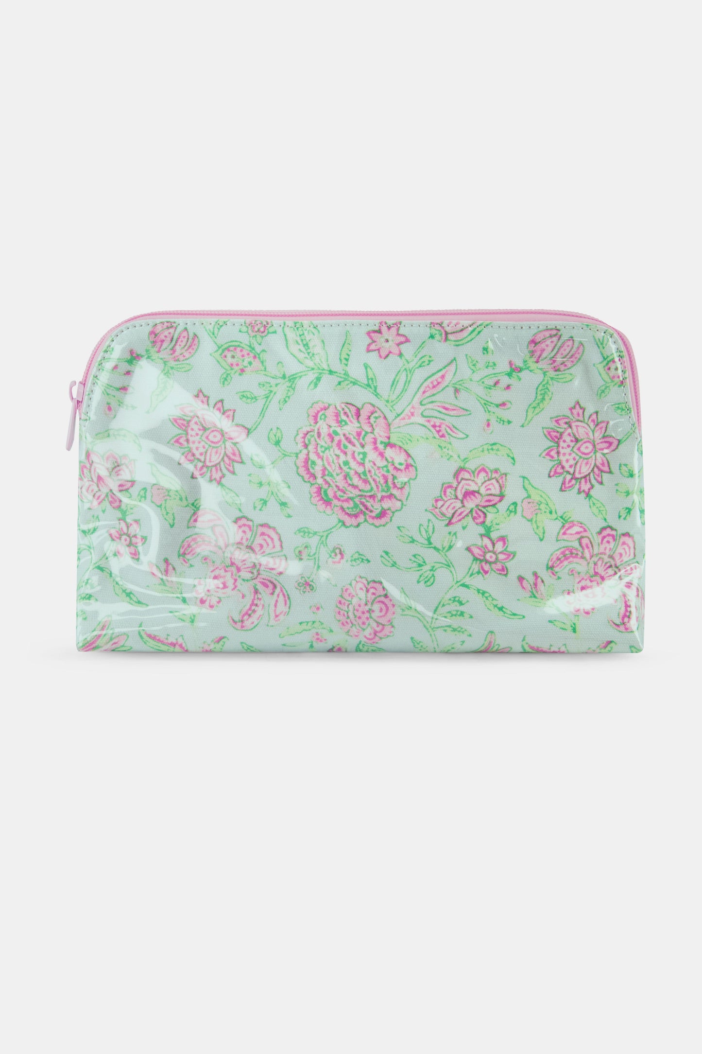 The Roller Rabbit Camellia Block Makeup Bag is a pastel green, water-resistant cotton canvas pouch with a pink floral print and matching pink zipper, shown on a plain white background.