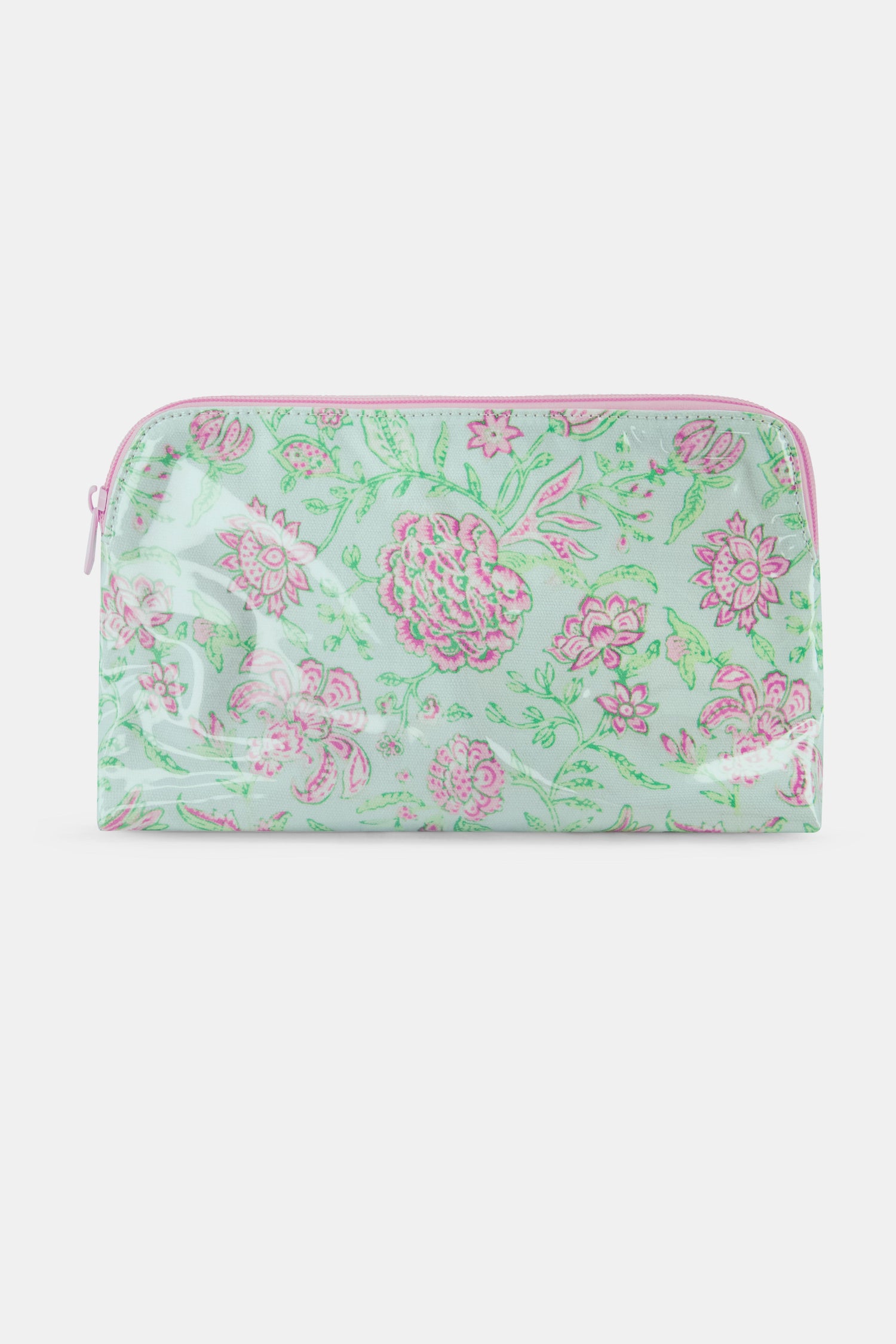 The Roller Rabbit Camellia Block Makeup Bag is a pastel green, water-resistant cotton canvas pouch with a pink floral print and matching pink zipper, shown on a plain white background.