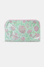 The Roller Rabbit Camellia Block Makeup Bag is a pastel green, water-resistant cotton canvas pouch with a pink floral print and matching pink zipper, shown on a plain white background.