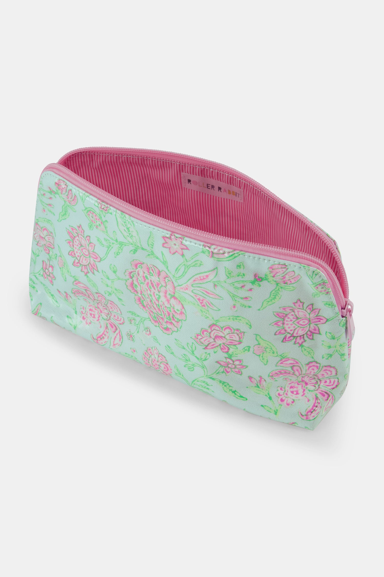 The Roller Rabbit Camellia Block Makeup Bag is a pastel green, water-resistant cotton canvas pouch with a pink floral print and matching pink zipper, shown on a plain white background.