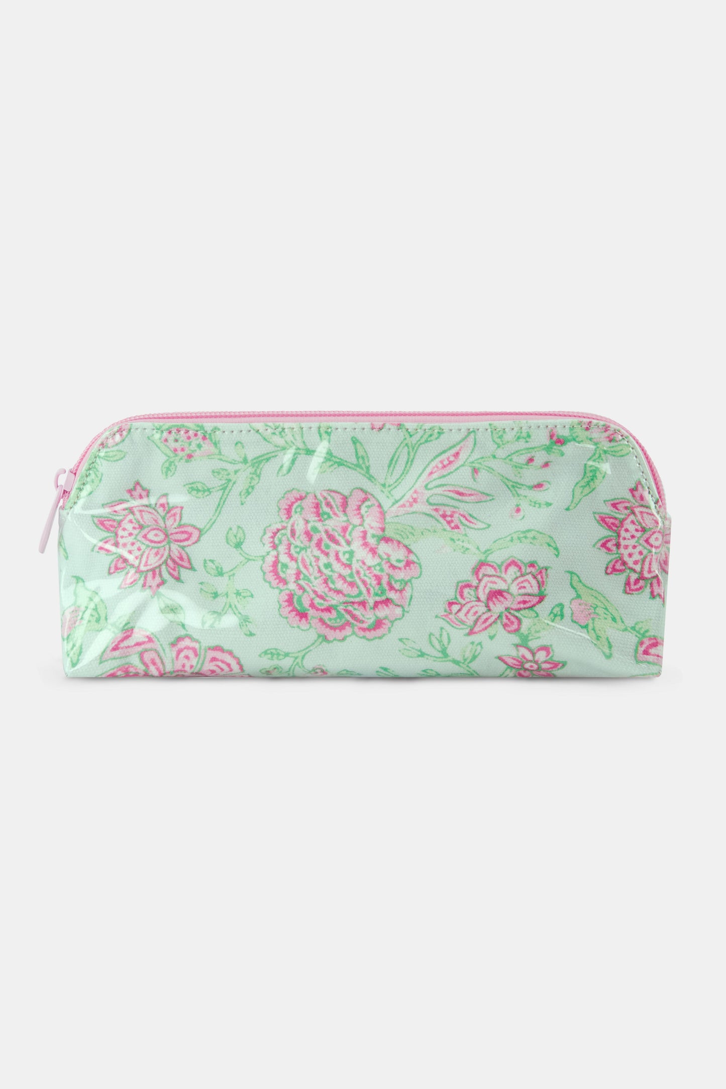 The Roller Rabbit Camellia Block Makeup Bag is a pastel green, water-resistant cotton canvas pouch with a pink floral print and matching pink zipper, shown on a plain white background.