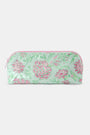 The Roller Rabbit Camellia Block Makeup Bag is a pastel green, water-resistant cotton canvas pouch with a pink floral print and matching pink zipper, shown on a plain white background.