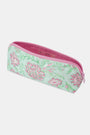 The Roller Rabbit Camellia Block Makeup Bag is a pastel green, water-resistant cotton canvas pouch with a pink floral print and matching pink zipper, shown on a plain white background.