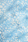 The Roller Rabbit Capi Geo Belted Darla Dress features white fabric with an intricate blue and white print of swirling vines, stylized flowers, and paisley shapes, creating a decorative and elegant look perfect for a maxi or shirtdress style.