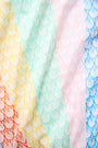 The Fan Geo Courtney Dress by Roller Rabbit features soft cotton voile with yellow, orange, green, pink, and blue diagonal stripes accented by delicate floral and fan patterns—perfect for a colorful and breezy look.