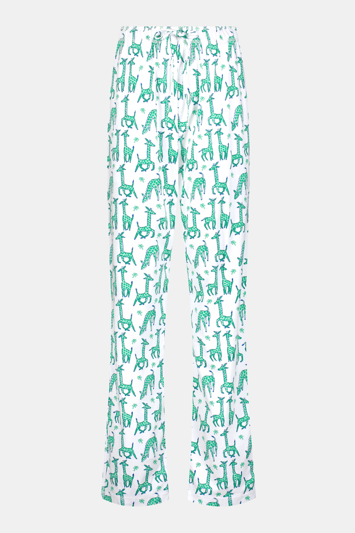 The Roller Rabbit Mens Gigi Giraffe Simon Pant features a playful green and blue giraffe print on white 100 Pima Cotton, with a comfy pull-on style, shown on a plain background.