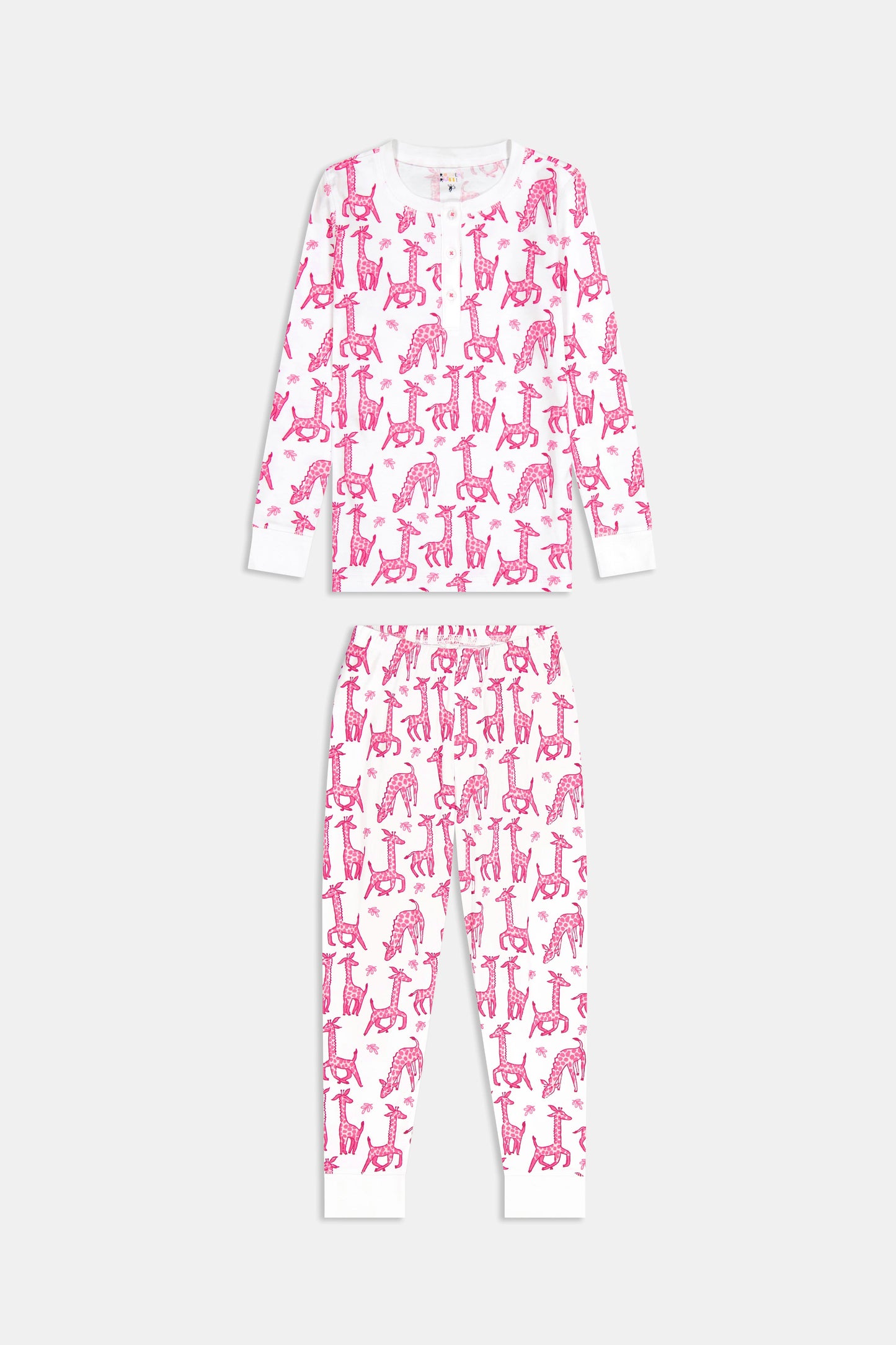 Kids Gigi Giraffe Pajamas made from soft Pima Cotton feature playful prints of Gigi the Giraffe, zebras, and lions on white fabric. Both top and bottom showcase this cozy and fun bedtime design.