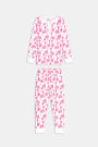 Kids Gigi Giraffe Pajamas made from soft Pima Cotton feature playful prints of Gigi the Giraffe, zebras, and lions on white fabric. Both top and bottom showcase this cozy and fun bedtime design.