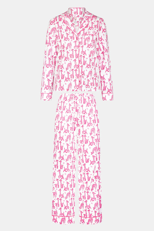 The Roller Rabbit Gigi Giraffe Long Sleeve Polo Pajamas feature a matching set with long sleeves and pants, showcasing an all-over pink giraffe print on a white background.
