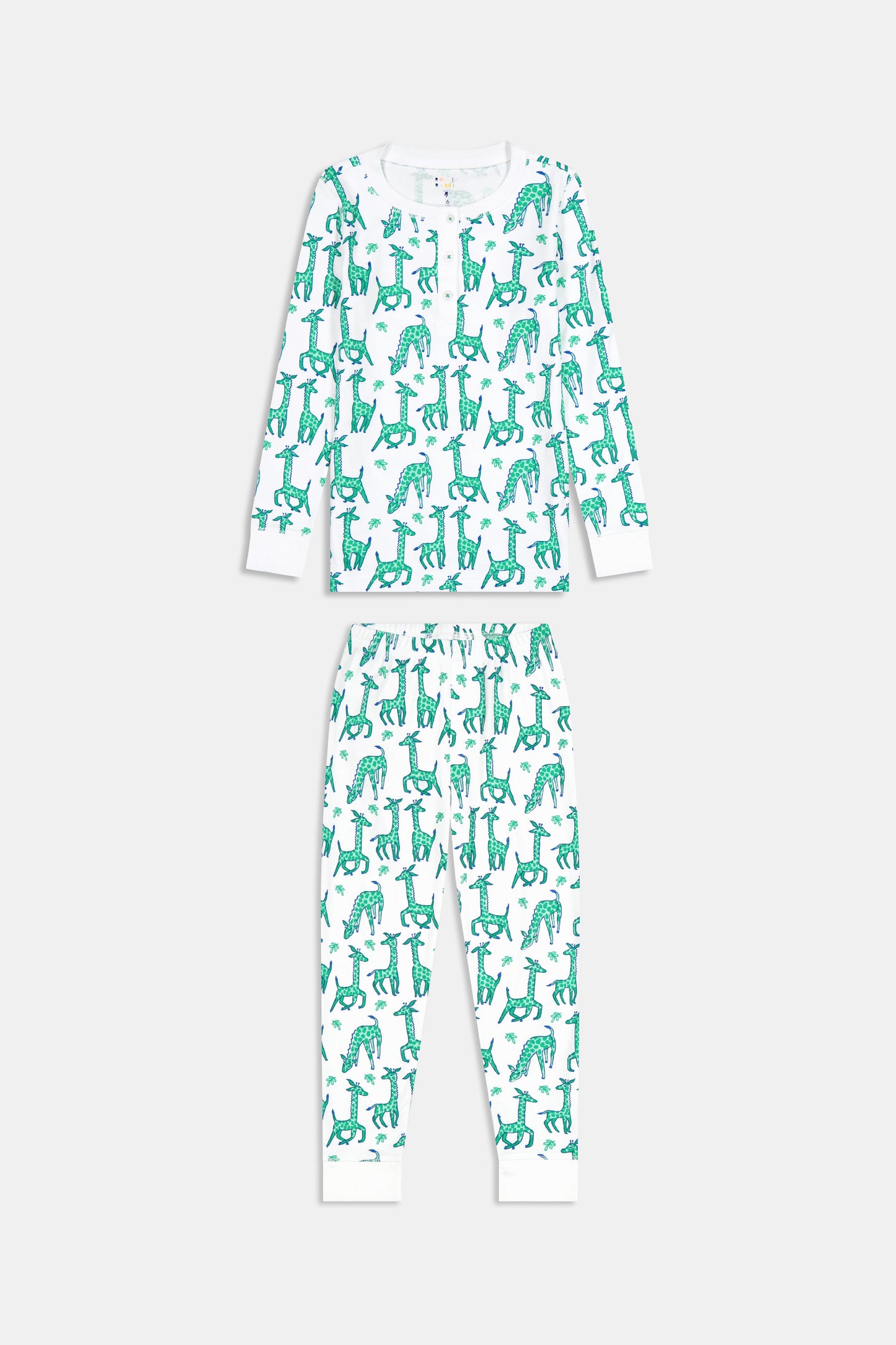 Roller Rabbit Kids Gigi Giraffe Pajamas: a children’s long-sleeve pajama set made from soft Pima Cotton, featuring a white background with an all-over giraffe print; includes a matching top and pants.