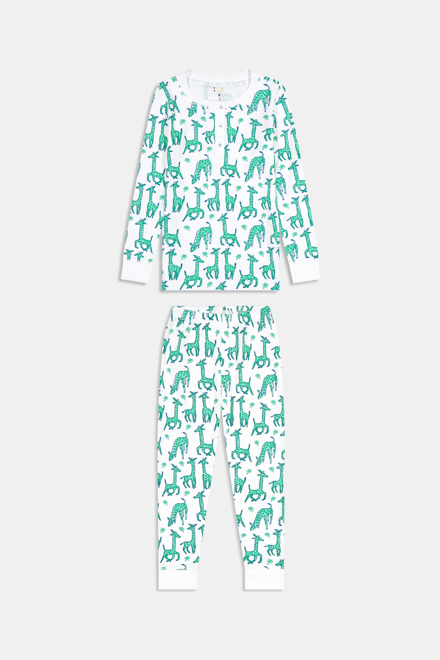 Roller Rabbit Kids Gigi Giraffe Pajamas: a children’s long-sleeve pajama set made from soft Pima Cotton, featuring a white background with an all-over giraffe print; includes a matching top and pants.
