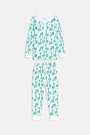 Roller Rabbit Kids Gigi Giraffe Pajamas: a children’s long-sleeve pajama set made from soft Pima Cotton, featuring a white background with an all-over giraffe print; includes a matching top and pants.