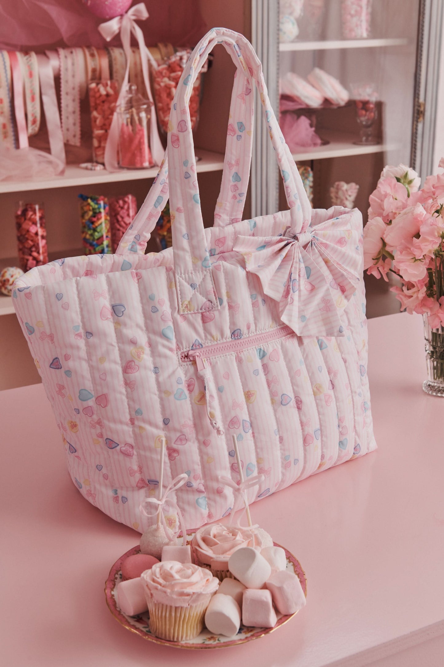 Roller Rabbit Pink Sugar Candy Heart Stripe Quilted Tote