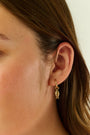 The Marina Earrings Set by Roller Rabbit includes four gold hoops: two with removable oval white shell charms and two with gold fish-shaped charms, all shown on a light gray background.