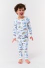 Kids April Showers Pajamas set includes a long-sleeve top and pants with colorful underwater-themed cartoon characters and sea creatures on a white background—perfect spring sleepwear for little ones.