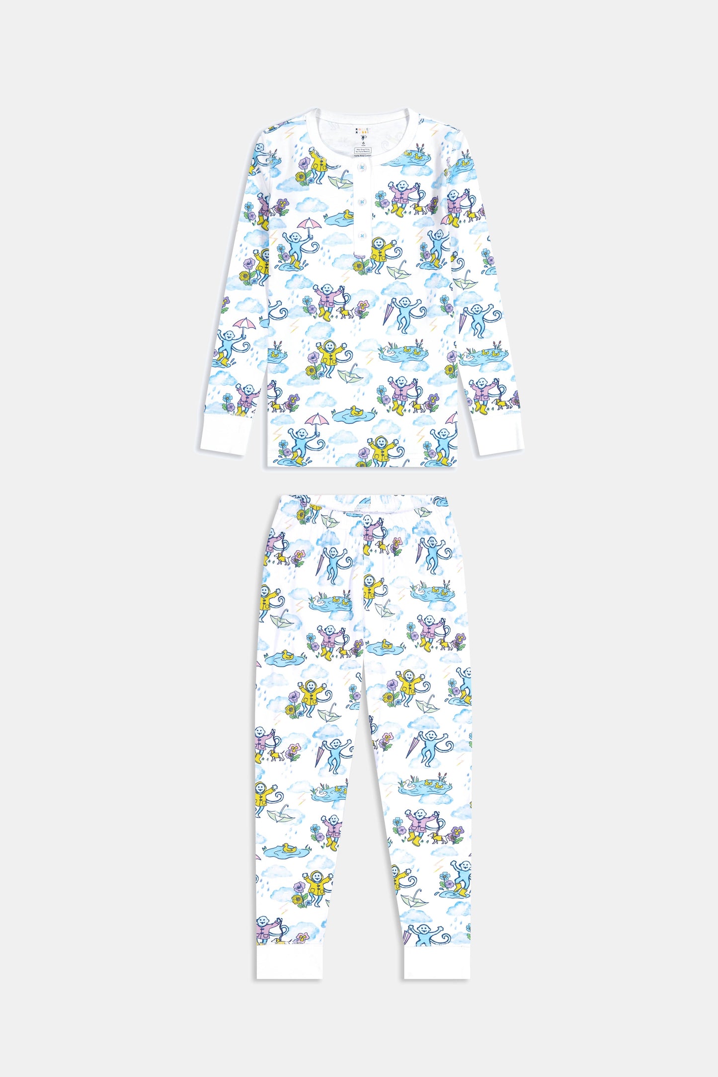 Kids April Showers Pajamas set includes a long-sleeve top and pants with colorful underwater-themed cartoon characters and sea creatures on a white background—perfect spring sleepwear for little ones.