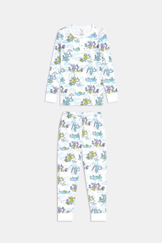 Kids April Showers Pajamas set includes a long-sleeve top and pants with colorful underwater-themed cartoon characters and sea creatures on a white background—perfect spring sleepwear for little ones.
