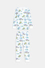 Kids April Showers Pajamas set includes a long-sleeve top and pants with colorful underwater-themed cartoon characters and sea creatures on a white background—perfect spring sleepwear for little ones.