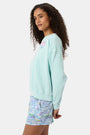 A woman wears the Roller Rabbit Apres Sea Phoebe Sweatshirt, made in the USA, mint green with a pink sunset, blue waves, birds, and 