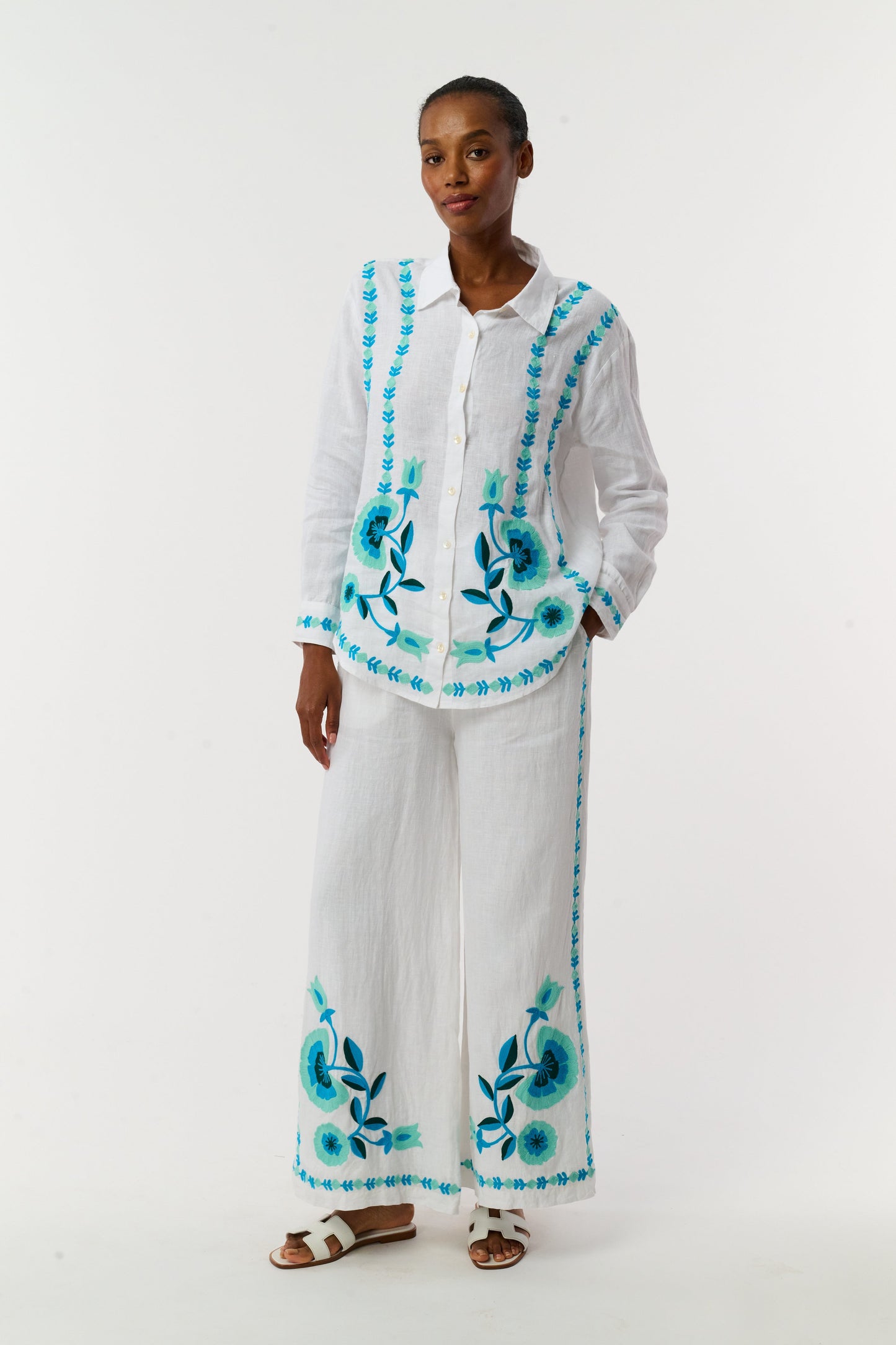 Roller Rabbit Teal Avallon Embroidery Boyfriend Shirt