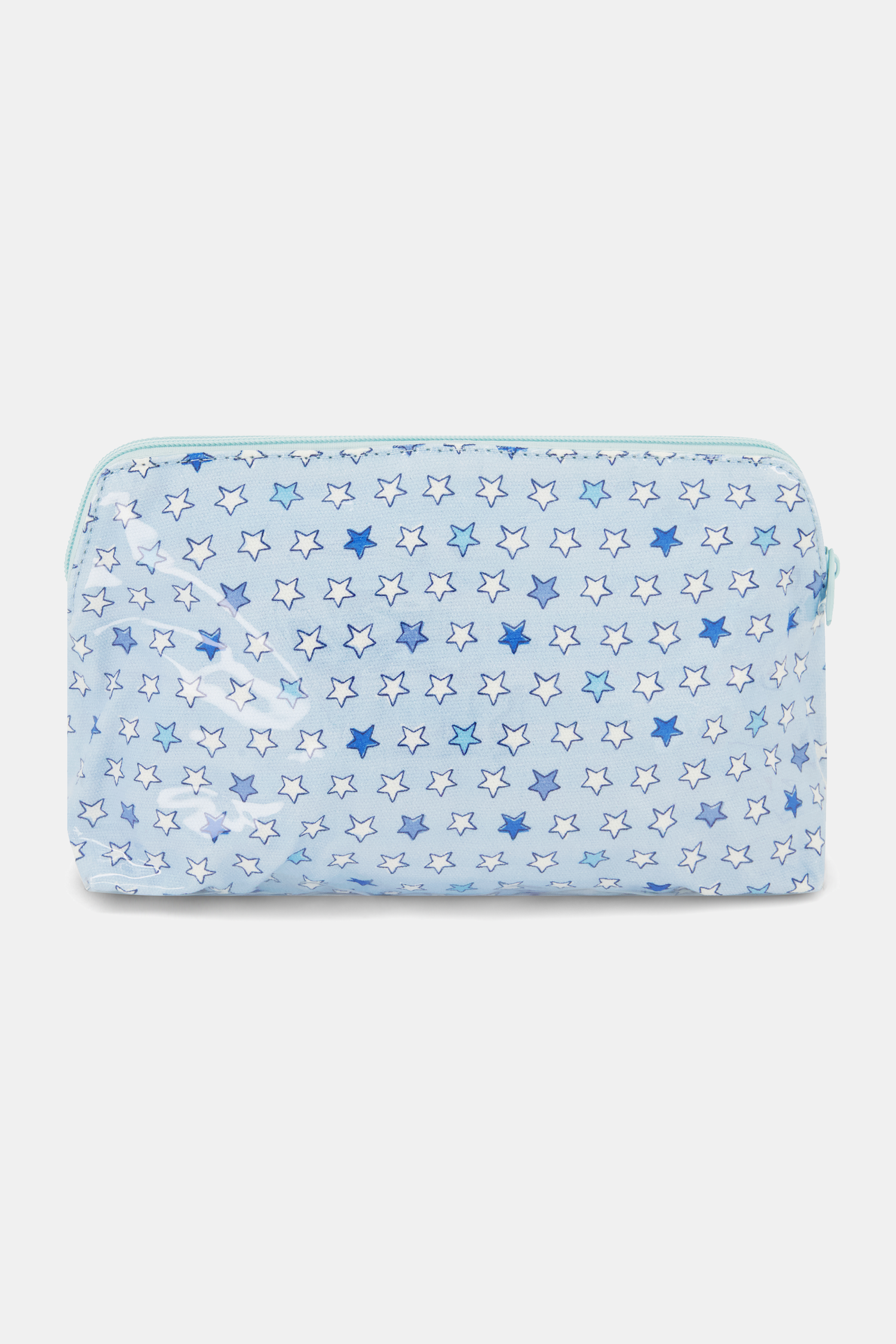 The Pop Stars Makeup Bag is a light blue, rectangular, water-resistant cotton canvas bag with a zipper and a blue and white outlined star pattern in various sizes.