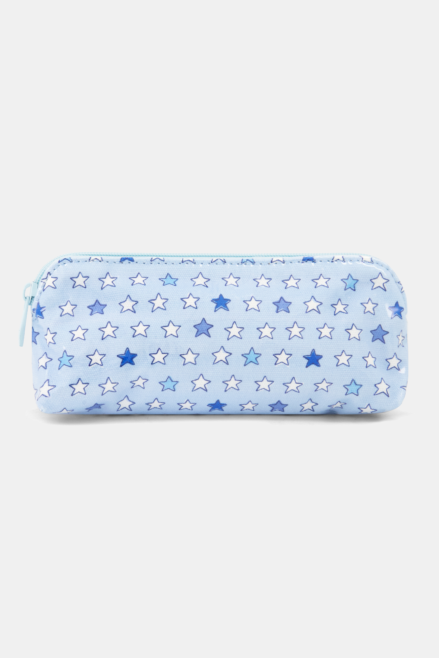 The Pop Stars Makeup Bag is a light blue, rectangular, water-resistant cotton canvas pouch with a zipper, decorated with small blue and white stars.