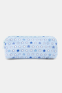 The Pop Stars Makeup Bag is a light blue, rectangular, water-resistant cotton canvas pouch with a zipper, decorated with small blue and white stars.