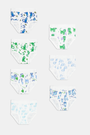 The Roller Rabbit Boys Days of the Week Underwear Pack features seven brief-style pairs in blue and green with colorful dinosaur and animal prints, made from soft cotton modal, arranged in two columns on a plain background.