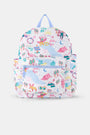 The Camp RR Backpack by Roller Rabbit features colorful cartoon camping scenes—mountains, animals, tents, trees, and rivers—plus playful characters in pink, blue, yellow, and green.