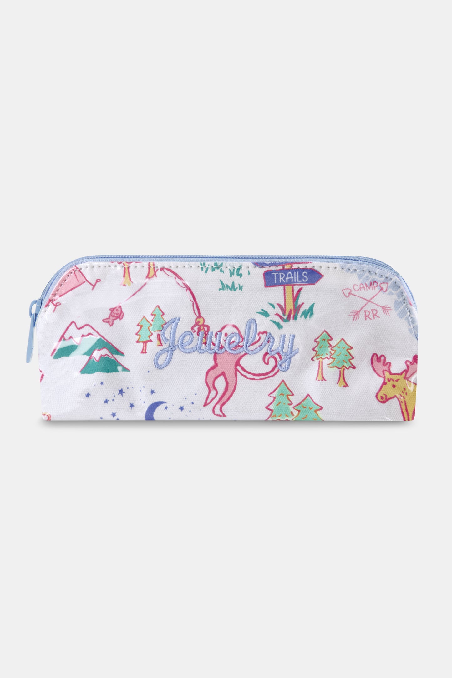 The Camp RR Makeup Bag by Roller Rabbit is a white, water-resistant cotton canvas pouch with purple trim, decorated with playful, hand-drawn images of a monkey with a lantern, trees, sunglasses, a tent, and mountains.