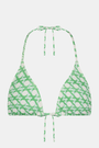 A young woman models the Roller Rabbit Cane Serena Bikini Top, featuring a green cane print triangle style, shown from the shoulders up against a plain background.