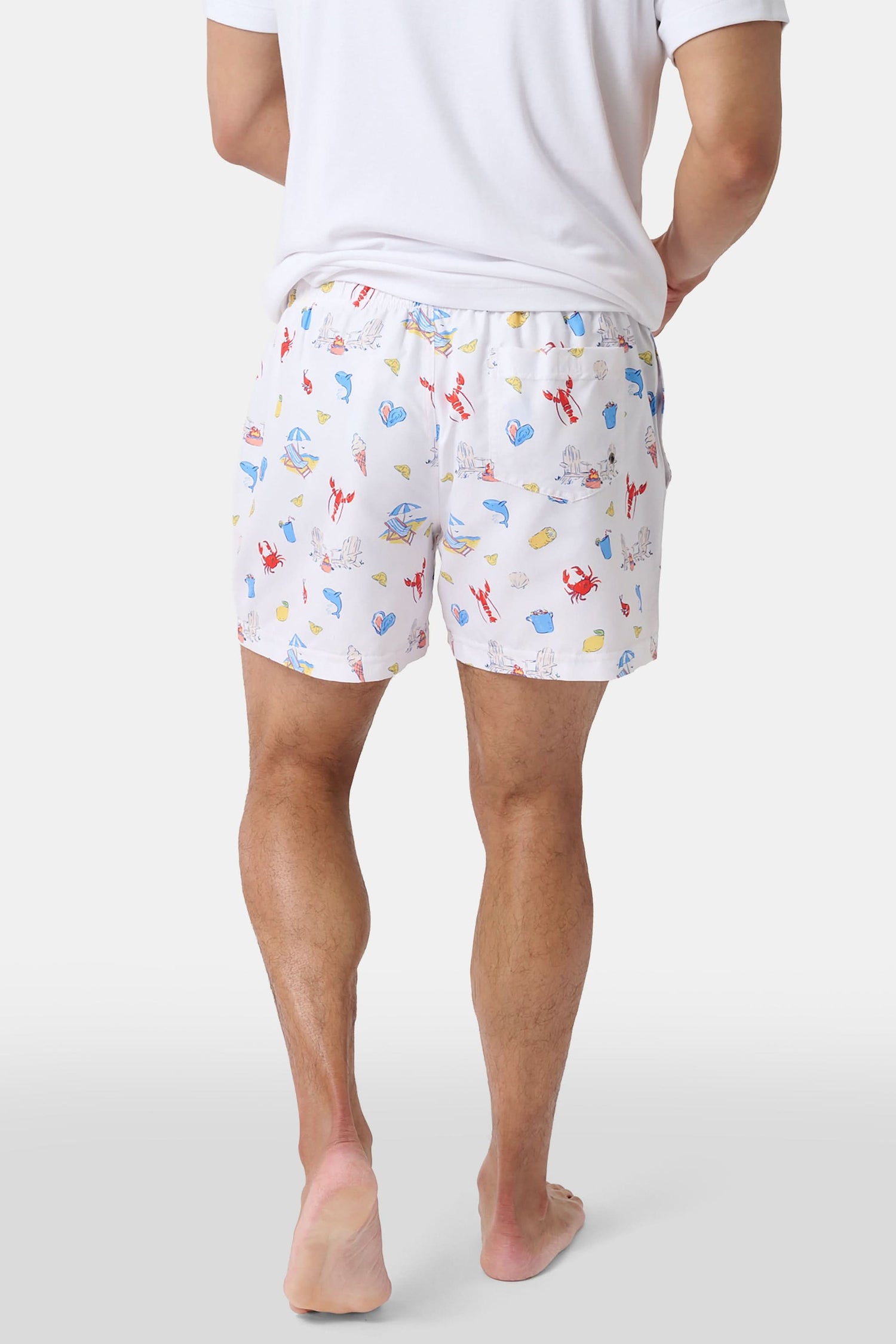 A person stands barefoot, one hand in a pocket, wearing a white T-shirt and Roller Rabbit Men's Catch of the Day Swim Trunk with colorful beach-themed prints, an elastic waistband, and a classic fit.