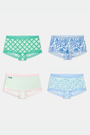 The Roller Rabbit Classic Core Boyshort 4 Pack includes four pairs of girls' underwear in fun patterns—green diamond, white with blue florals, mint with hearts, and light blue floral—all made from soft modal fabric for comfort.