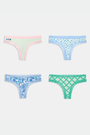 The Roller Rabbit Classic Core Thong 4 Pack features four pairs of lace-trim women’s underwear in pastel shades—pink with hearts, blue with flowers, printed blue, and green—offering soft cotton comfort and cute style.