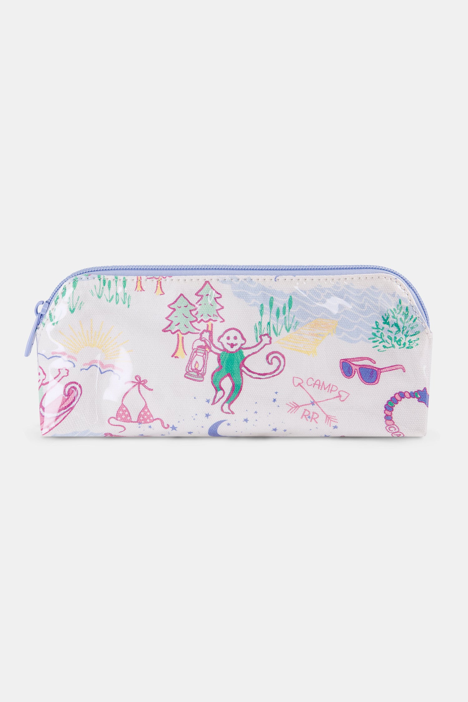 The Camp RR Makeup Bag by Roller Rabbit is a white, water-resistant cotton canvas pouch with purple trim, decorated with playful, hand-drawn images of a monkey with a lantern, trees, sunglasses, a tent, and mountains.