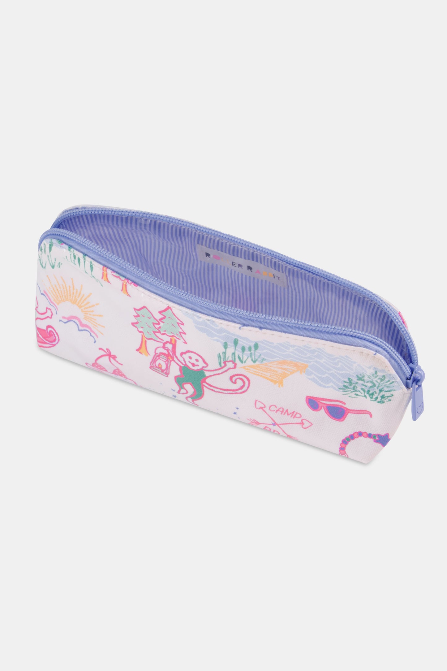 The Camp RR Makeup Bag by Roller Rabbit is a white, water-resistant cotton canvas pouch with purple trim, decorated with playful, hand-drawn images of a monkey with a lantern, trees, sunglasses, a tent, and mountains.