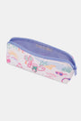 The Camp RR Makeup Bag by Roller Rabbit is a white, water-resistant cotton canvas pouch with purple trim, decorated with playful, hand-drawn images of a monkey with a lantern, trees, sunglasses, a tent, and mountains.