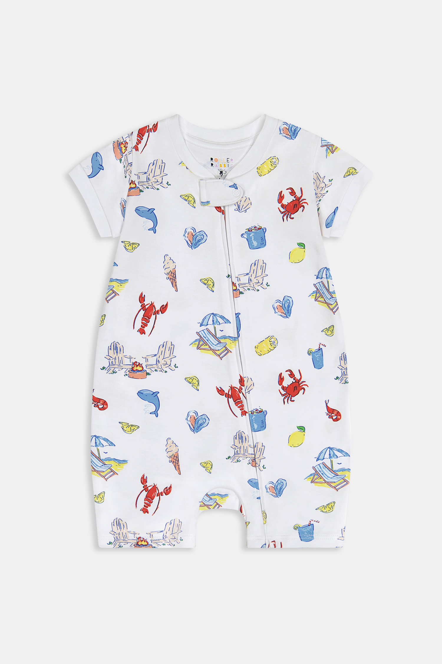 Roller Rabbit's Infant Catch of the Day Short Sleeve Zipper Onesie is made from white Pima cotton and features a colorful seaside print with lobsters, lemons, seashells, beach huts, sailboats, and more.